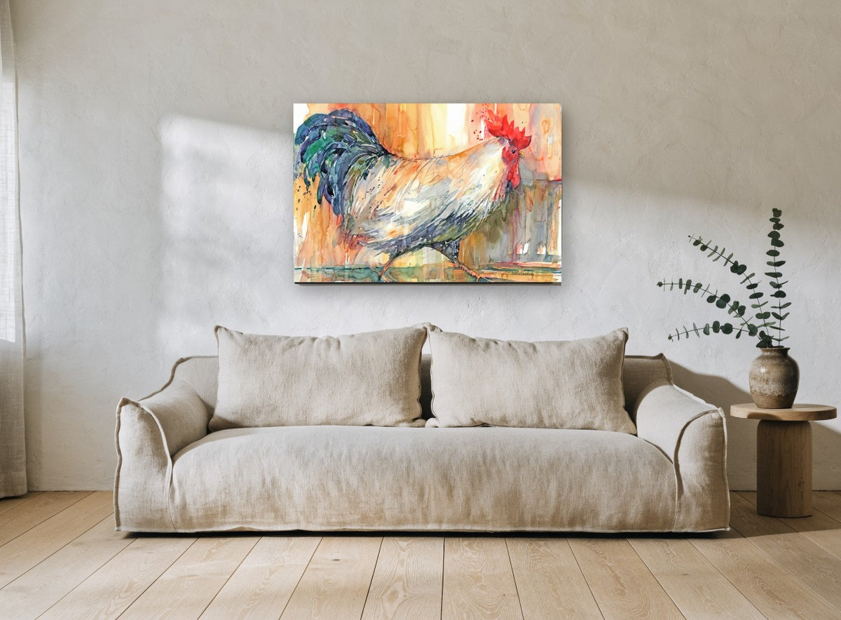 Rooster on the Move animal canvas print on the wall of a living room