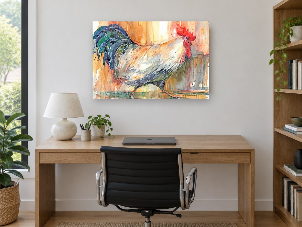 Rooster on the Move animal canvas print on the wall of a study