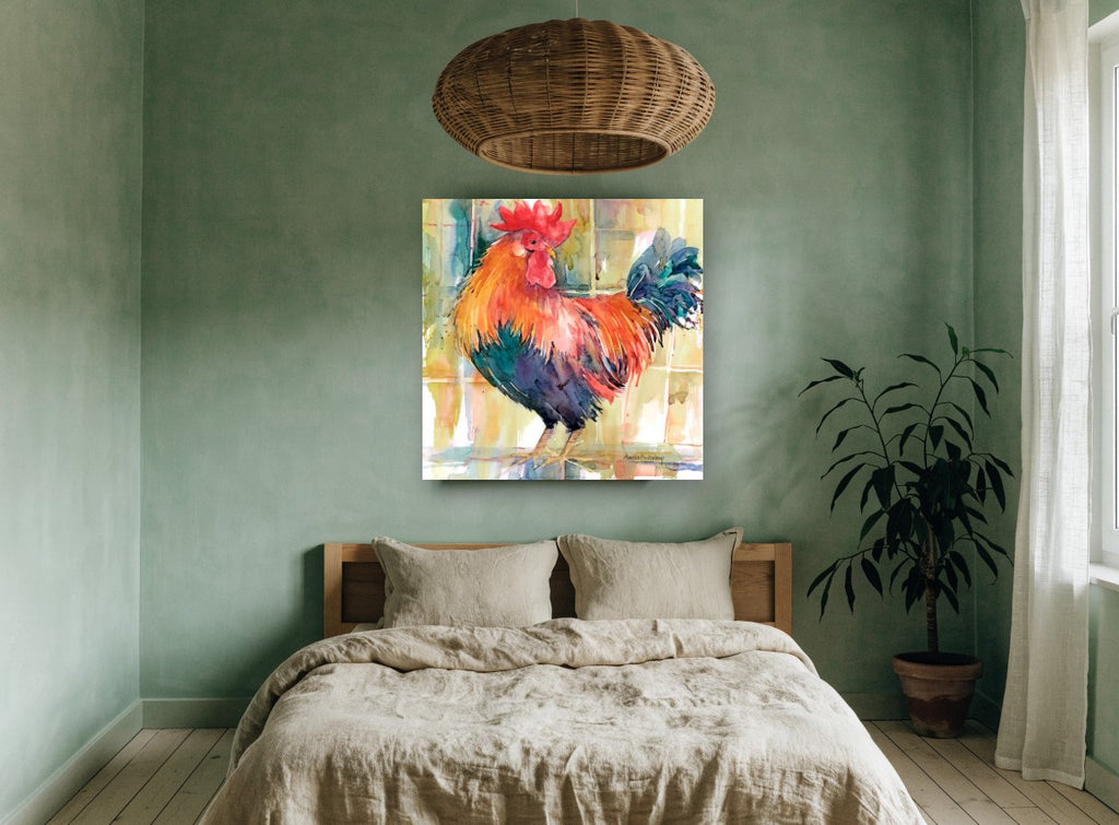 Crowing Red Rooster animal canvas print on the wall of a bedroom