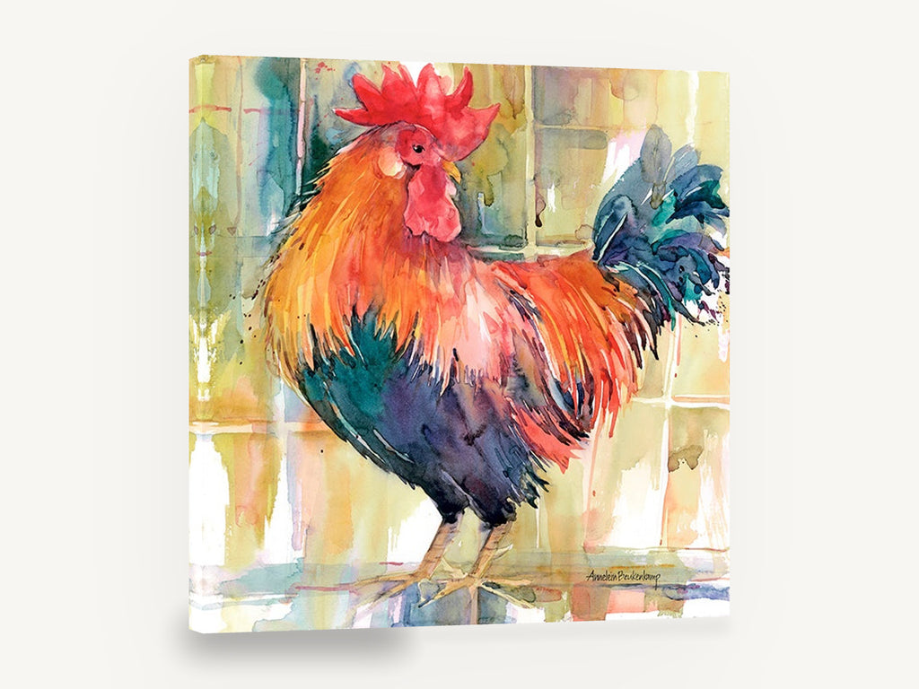 Crowing Red Rooster, colourful rooster watercolour portrait, animal canvas wall art print ready to hang