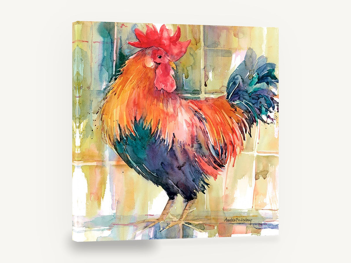Crowing Red Rooster, colourful rooster watercolour portrait, animal canvas wall art print ready to hang