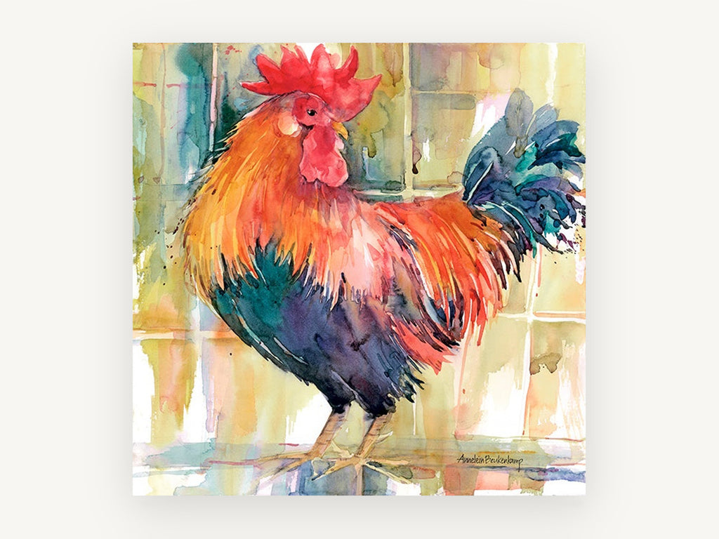 Crowing Red Rooster, colourful rooster watercolour portrait, animal canvas wall art print, front view