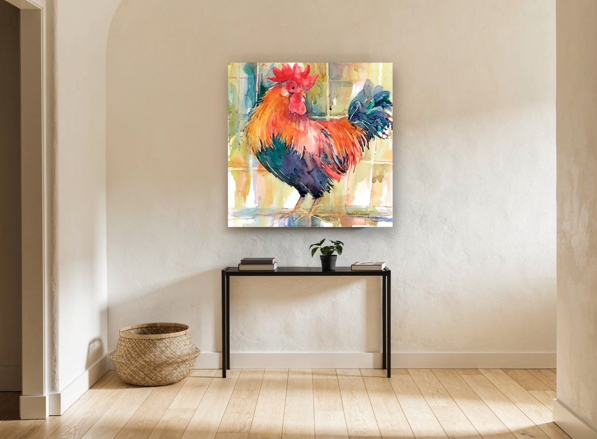 Crowing Red Rooster animal canvas print on the wall of a hallway