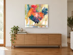 Crowing Red Rooster animal canvas print on the wall of a living room above a sideboard