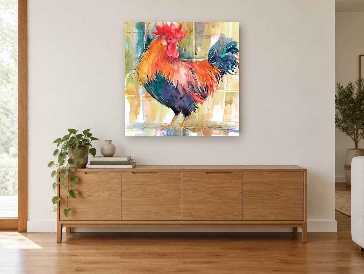 Crowing Red Rooster animal canvas print on the wall of a living room above a sideboard
