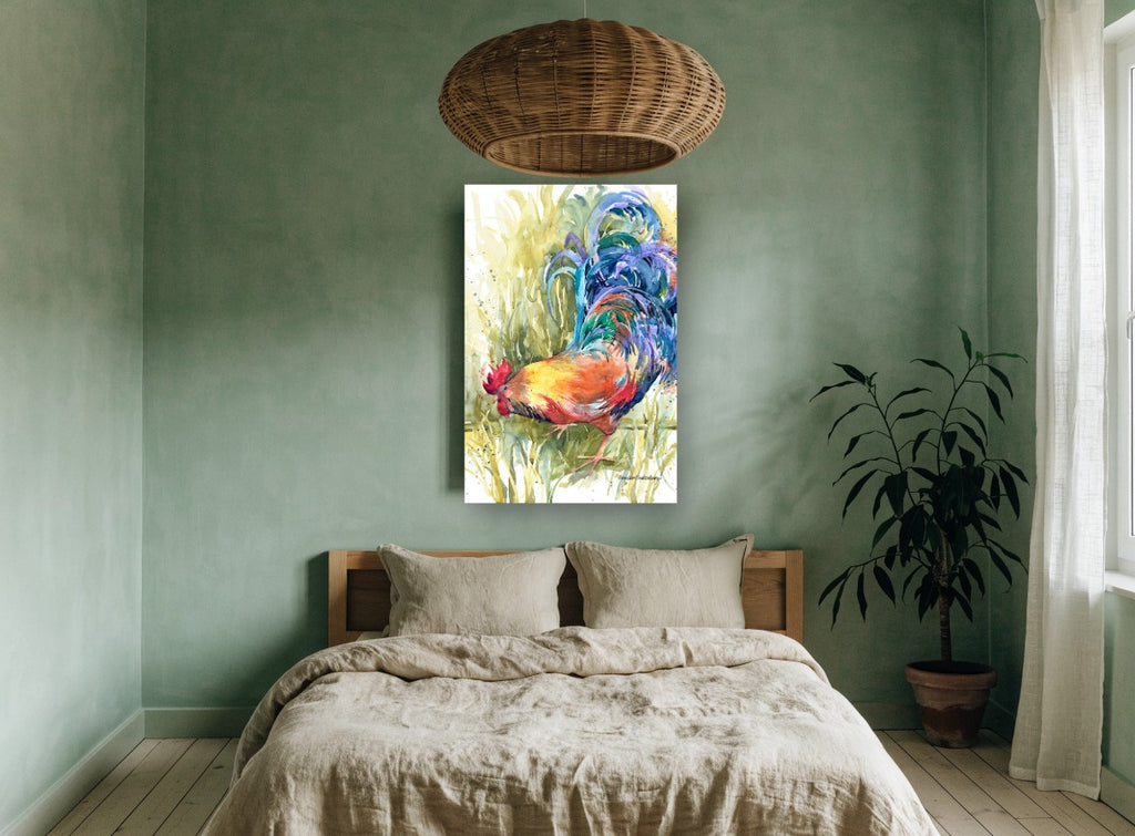 Rooster in Tall Grass animal canvas print on the wall of a bedroom