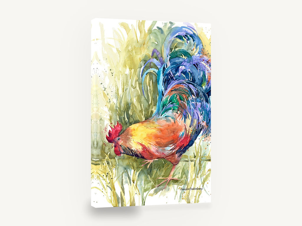Rooster in Tall Grass, colourful rooster watercolour, animal canvas wall art print ready to hang