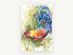 Rooster in Tall Grass, colourful rooster watercolour, animal canvas wall art print, front view