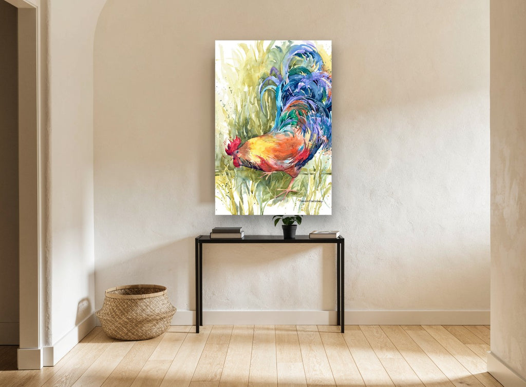 Rooster in Tall Grass animal canvas print on the wall of a hallway