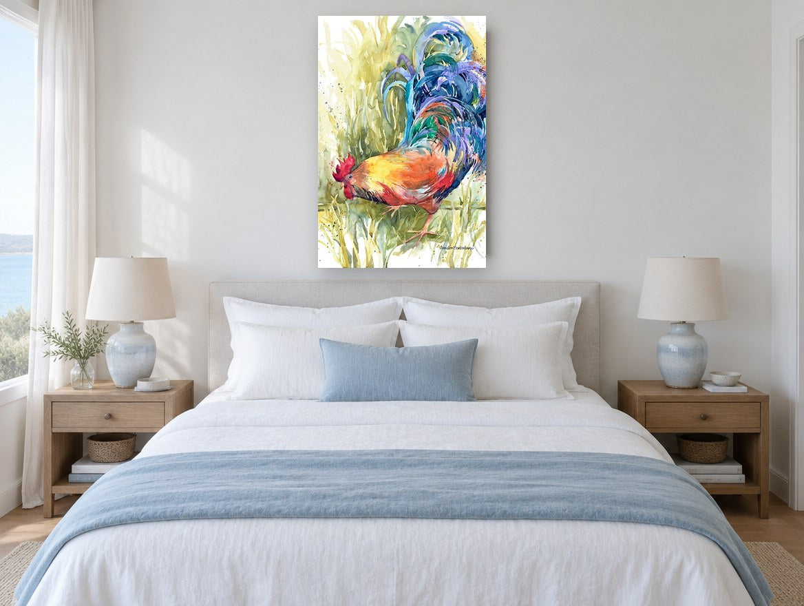 Rooster in Tall Grass animal canvas print on the wall of a bedroom