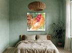 Ruffled Red Rooster animal canvas print on the wall of a bedroom
