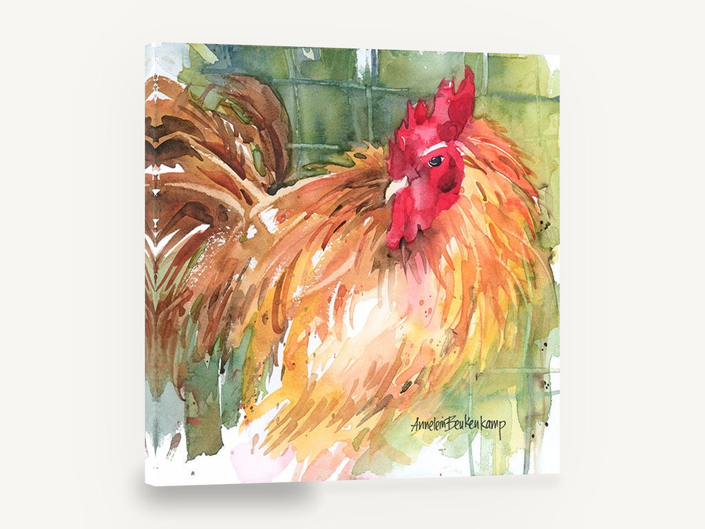 Ruffled Red Rooster, rooster watercolour portrait, animal canvas wall art print ready to hang