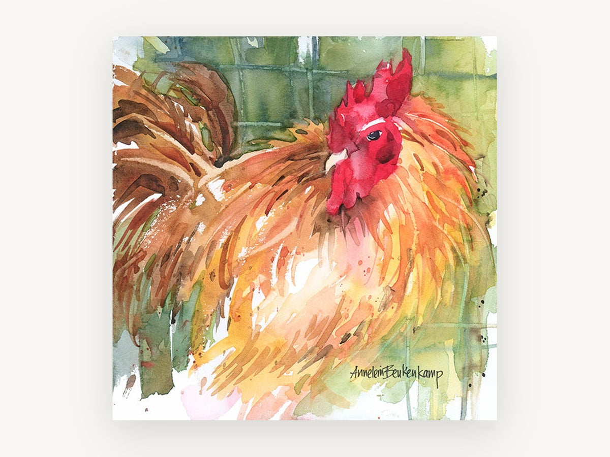Ruffled Red Rooster, rooster watercolour portrait, animal canvas wall art print, front view