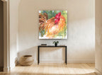 Ruffled Red Rooster animal canvas print on the wall of a hallway