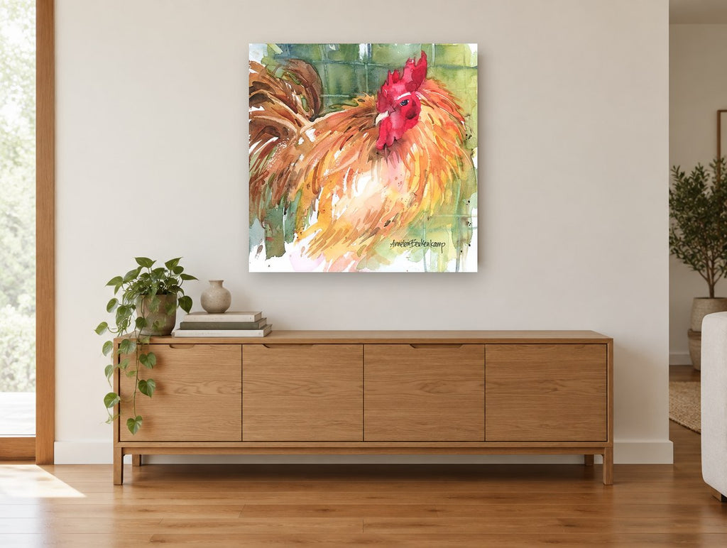 Ruffled Red Rooster animal canvas print on the wall of a living room above a sideboard