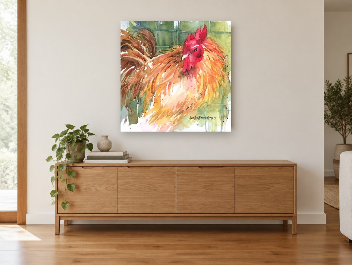 Ruffled Red Rooster animal canvas print on the wall of a living room above a sideboard