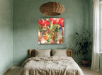 Tulips and Wine Bottles floral canvas print on the wall of a bedroom