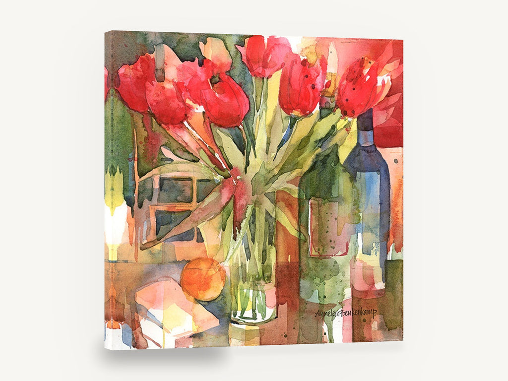 Tulips and Wine Bottles, red tulips wine bottles watercolour still life, floral canvas wall art print ready to hang