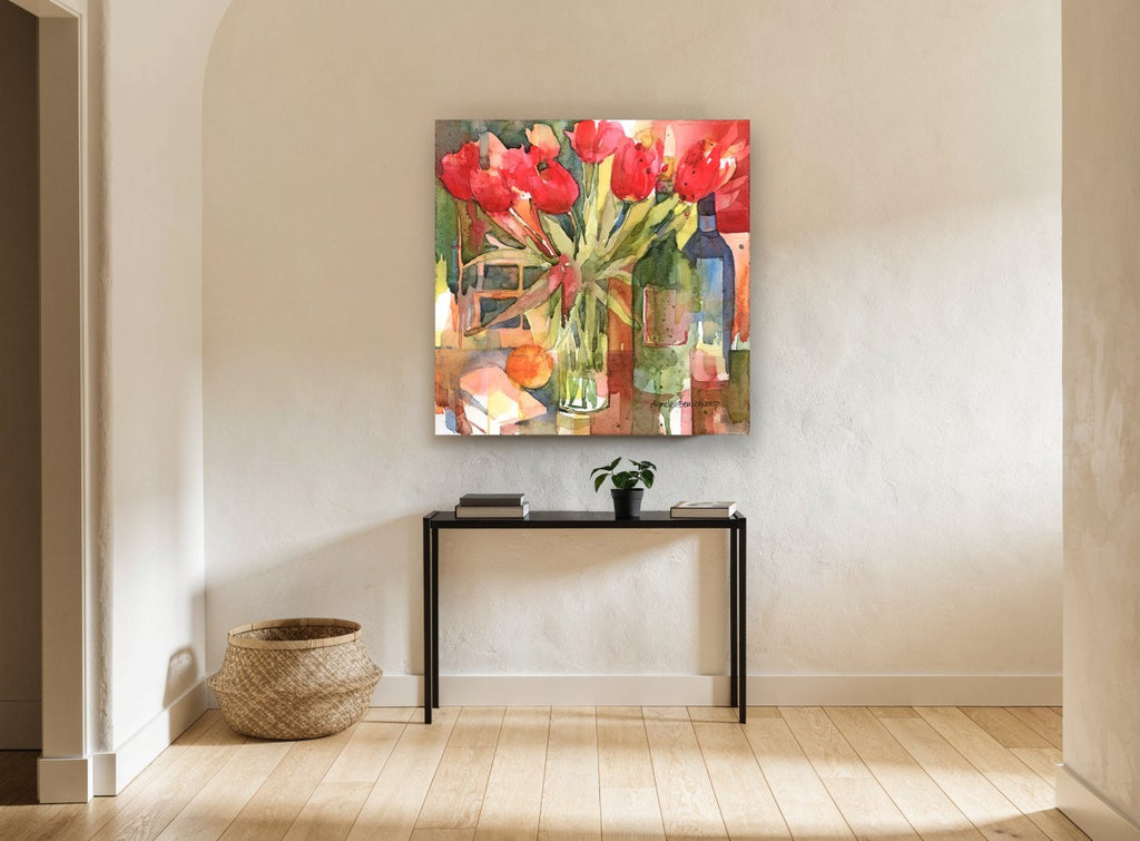 Tulips and Wine Bottles floral canvas print on the wall of a hallway