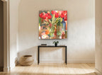 Tulips and Wine Bottles floral canvas print on the wall of a hallway