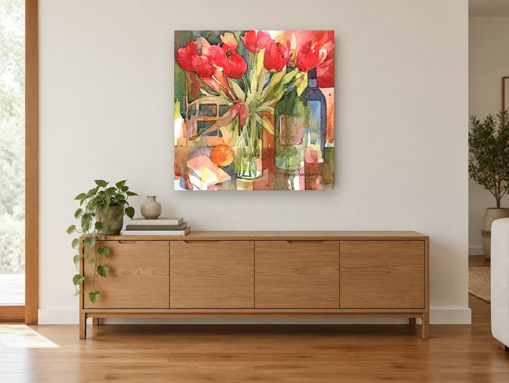 Tulips and Wine Bottles floral canvas print on the wall of a living room above a sideboard
