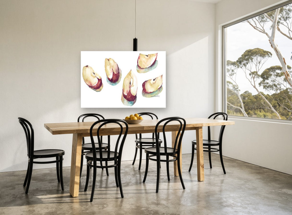 Five Apple Slices kitchen canvas print on the wall of a dining room