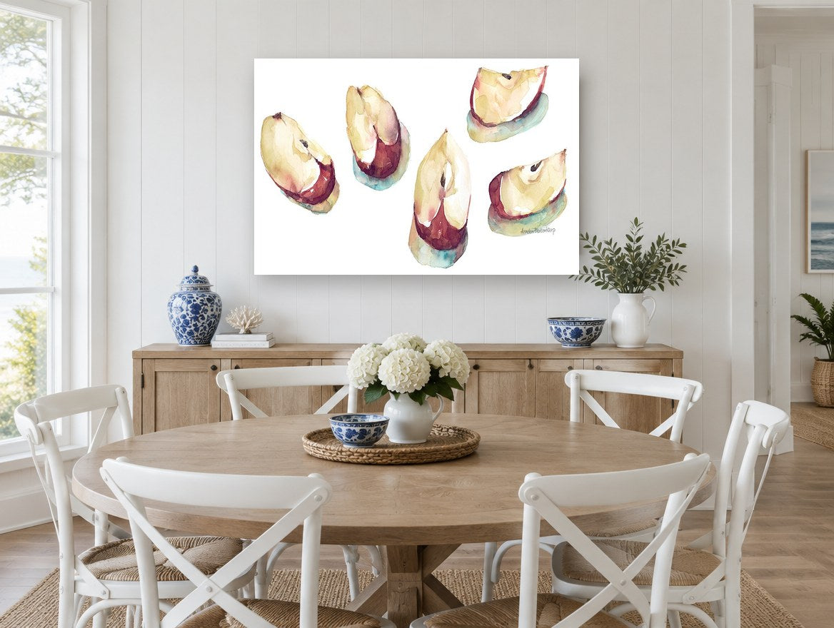 Five Apple Slices kitchen canvas print on the wall of a Hamptons dining room