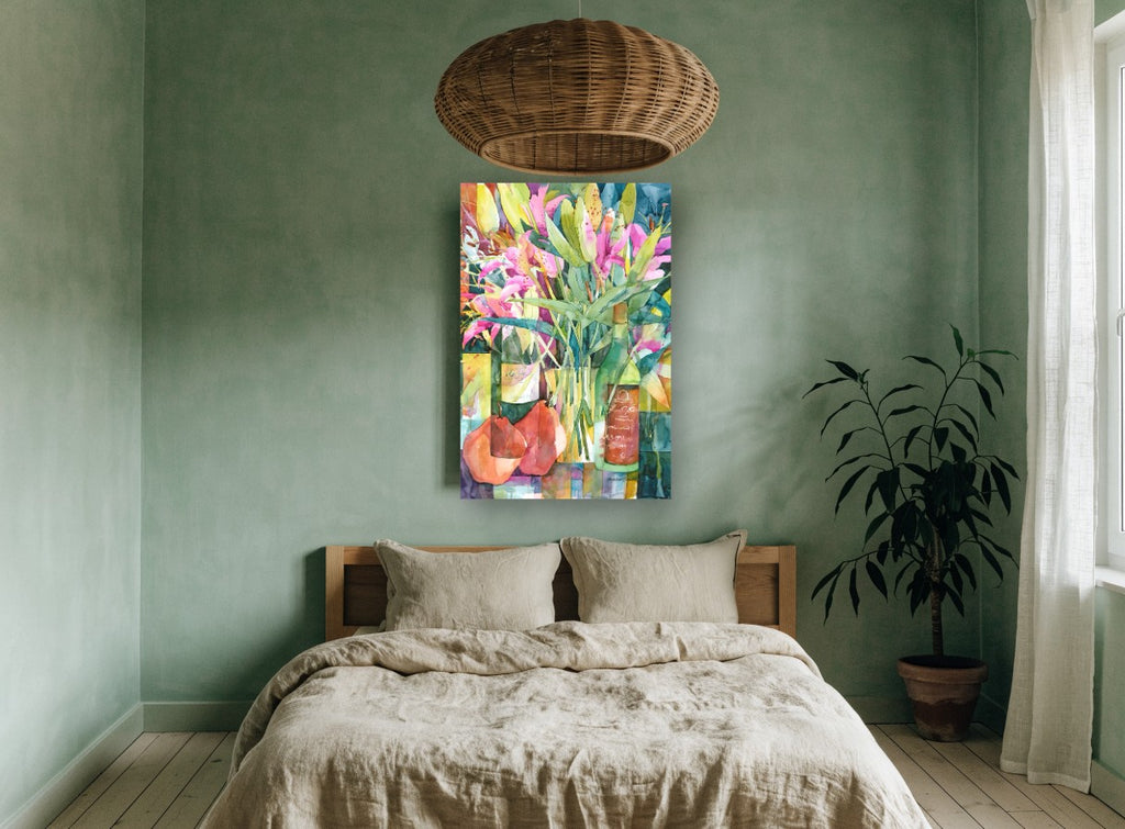 Lilies and Pears floral canvas print on the wall of a bedroom