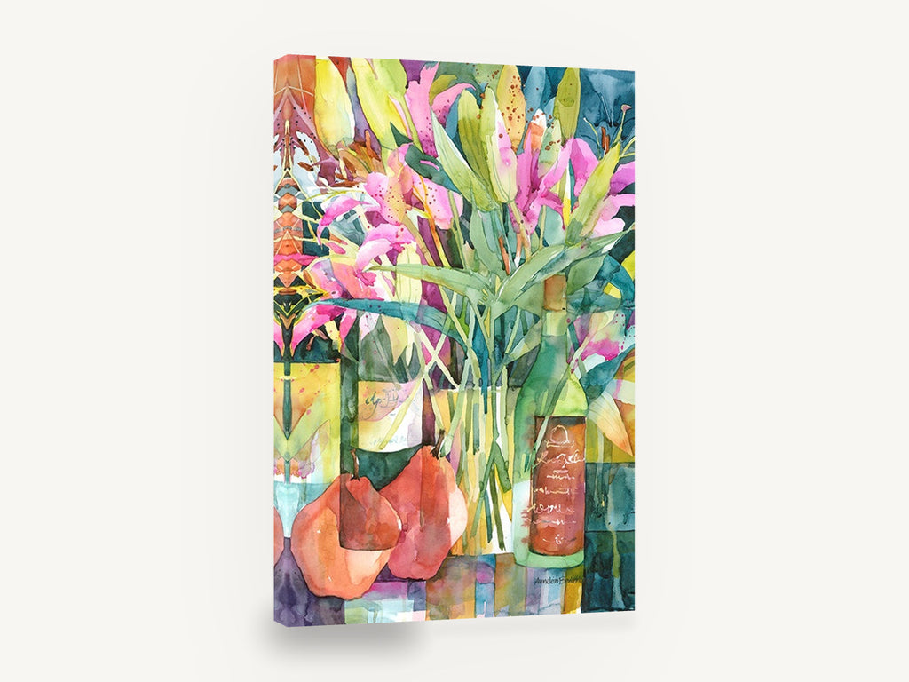 Lilies and Pears, pink lilies pears wine bottles watercolour, floral canvas wall art print ready to hang