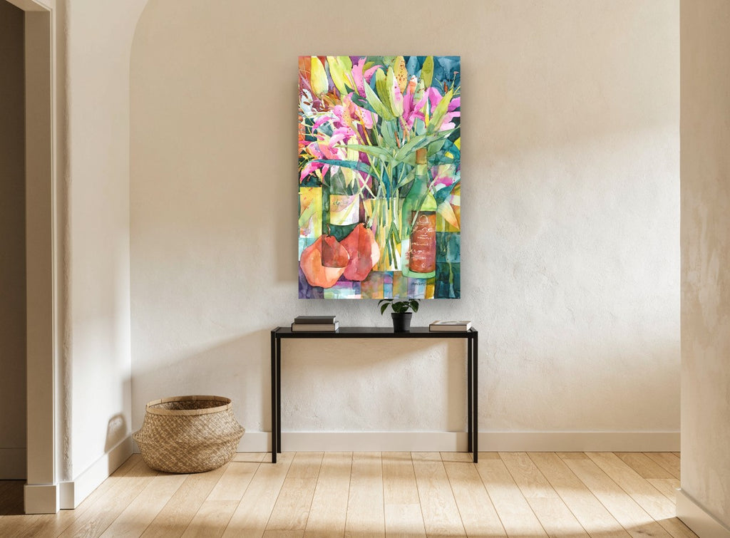 Lilies and Pears floral canvas print on the wall of a hallway