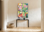 Lilies and Pears floral canvas print on the wall of a hallway