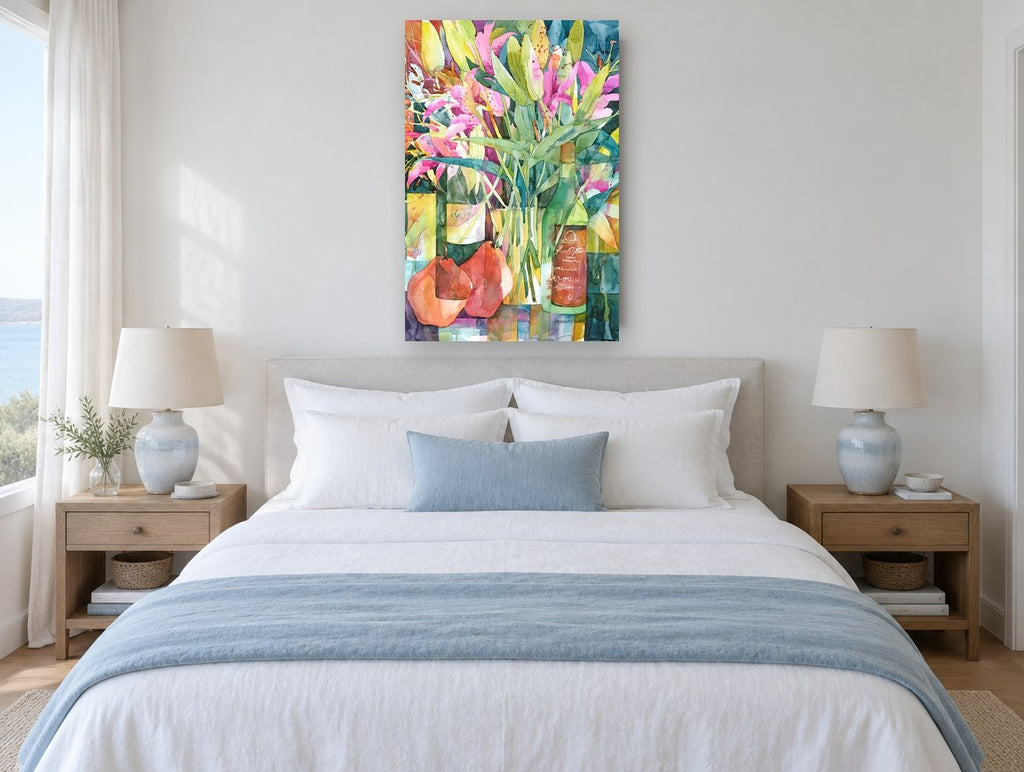 Lilies and Pears floral canvas print on the wall of a coastal bedroom
