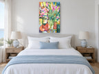Lilies and Pears floral canvas print on the wall of a coastal bedroom