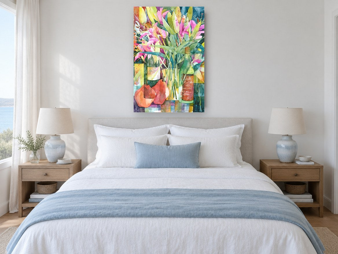 Lilies and Pears floral canvas print on the wall of a coastal bedroom