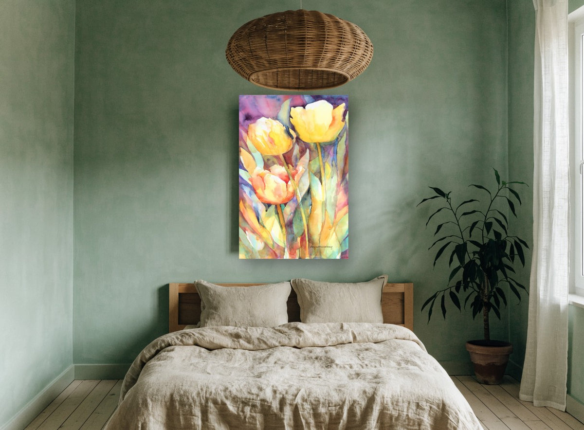 Sunlit Yellow Tulips floral canvas print on the wall of a bedroom