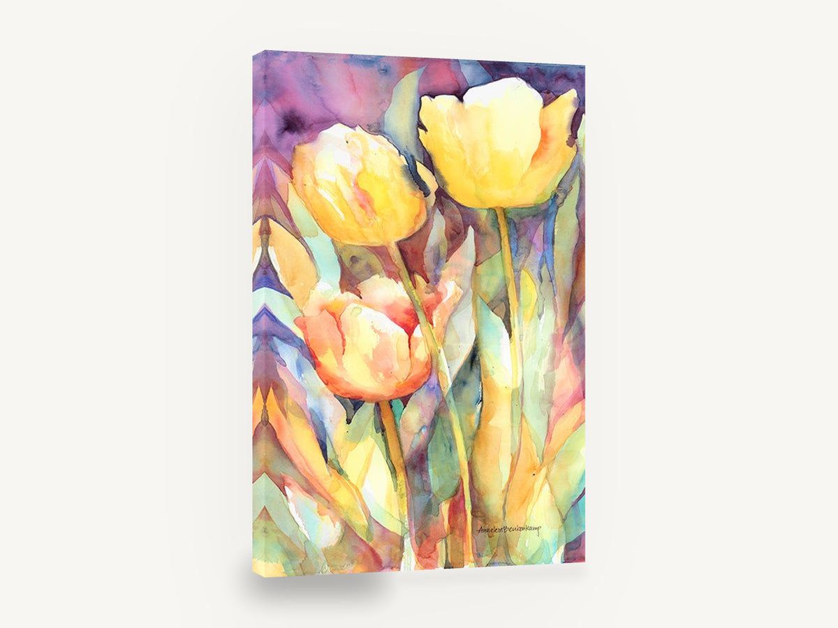 Sunlit Yellow Tulips, yellow tulips watercolour floral, floral canvas wall art print ready to hang