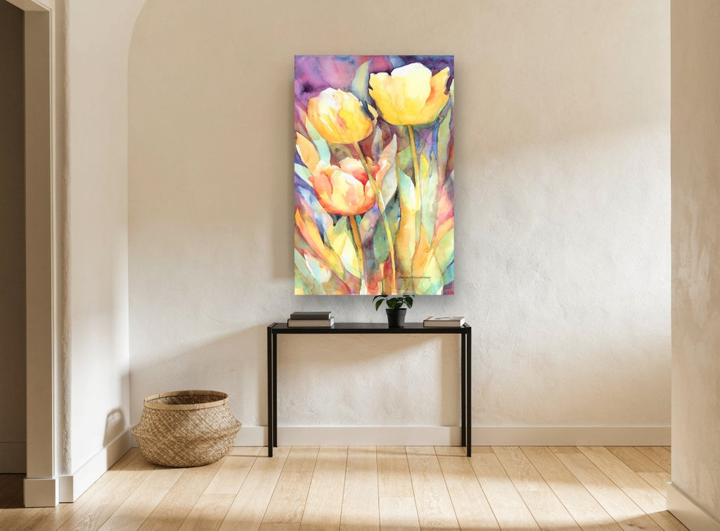 Sunlit Yellow Tulips floral canvas print on the wall of a hallway
