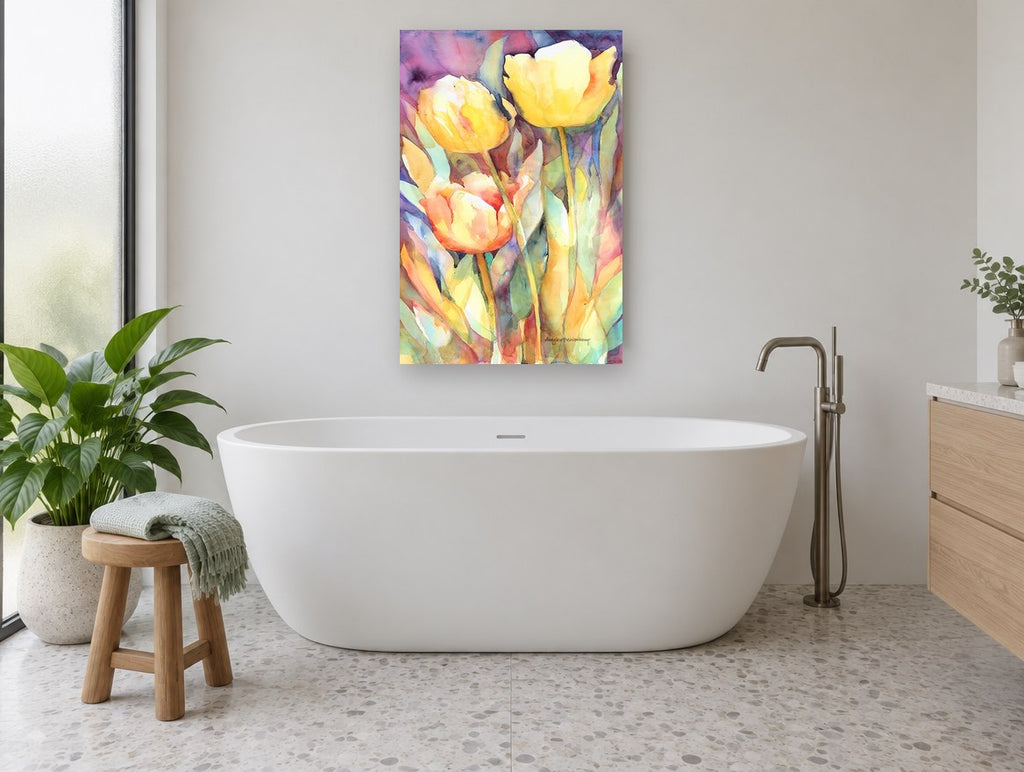 Sunlit Yellow Tulips floral canvas print on the wall of a bathroom