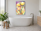Sunlit Yellow Tulips floral canvas print on the wall of a bathroom
