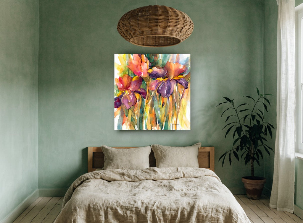 Iris Trio Glow floral canvas print on the wall of a bedroom