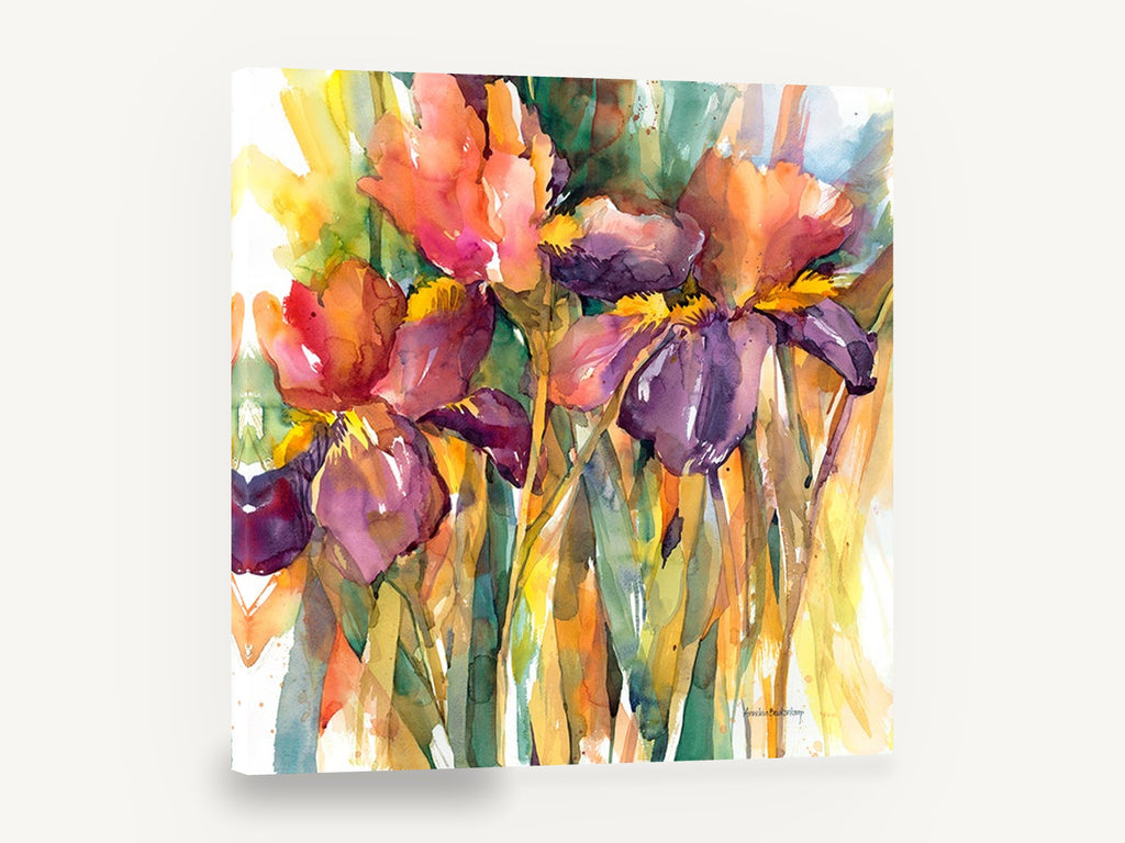 Iris Trio Glow, iris flowers watercolour floral art, floral canvas wall art print ready to hang