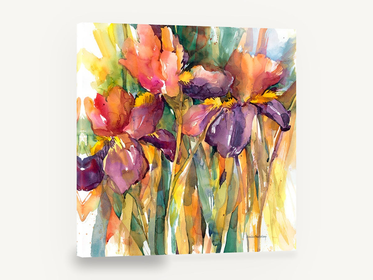 Iris Trio Glow, iris flowers watercolour floral art, floral canvas wall art print ready to hang