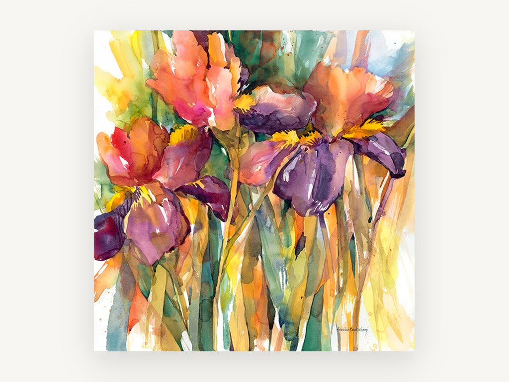 Iris Trio Glow, floral canvas wall art print, front view