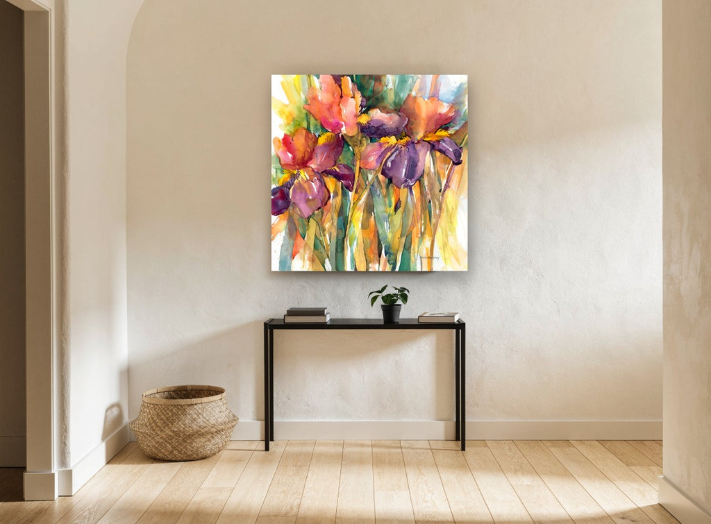 Iris Trio Glow floral canvas print on the wall of a hallway