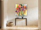 Iris Trio Glow floral canvas print on the wall of a hallway