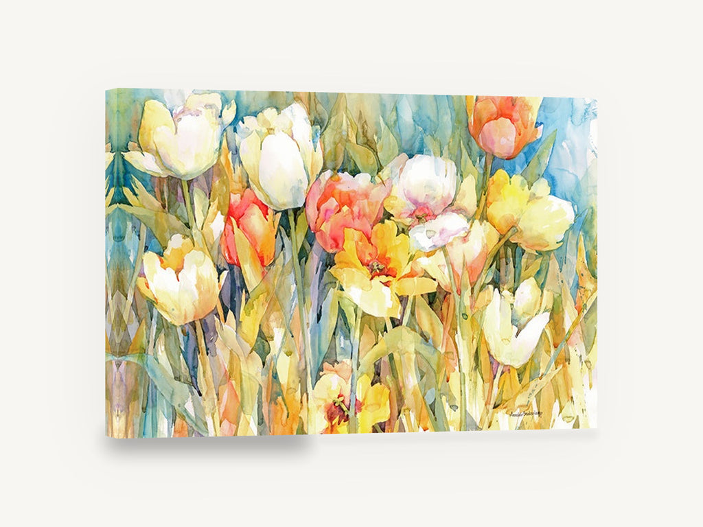 Sunlit Tulip Garden, yellow tulips watercolour floral, floral canvas wall art print ready to hang