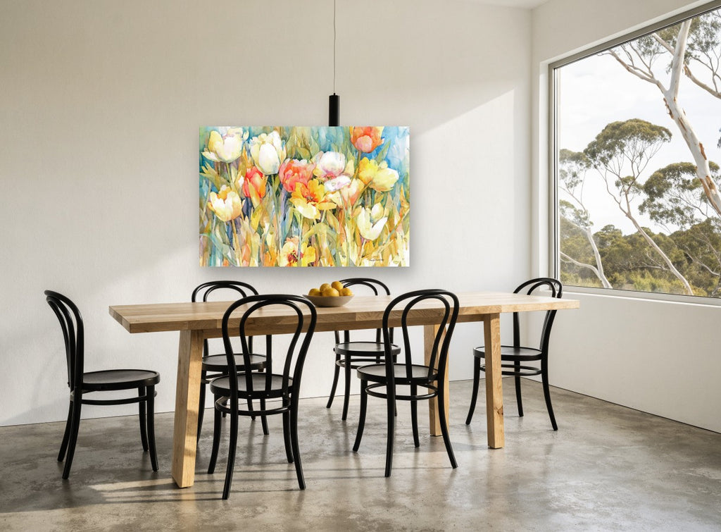 Sunlit Tulip Garden floral canvas print on the wall of a dining room