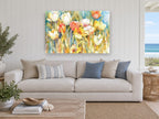 Sunlit Tulip Garden floral canvas print on the wall of a beach house living room