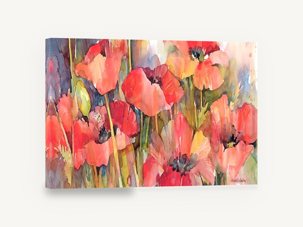 Poppy Field Glow, red poppies watercolour floral painting, floral canvas wall art print ready to hang