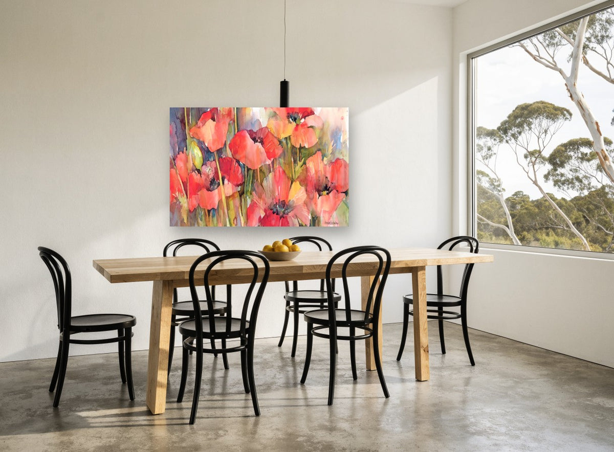 Poppy Field Glow floral canvas print on the wall of a dining room